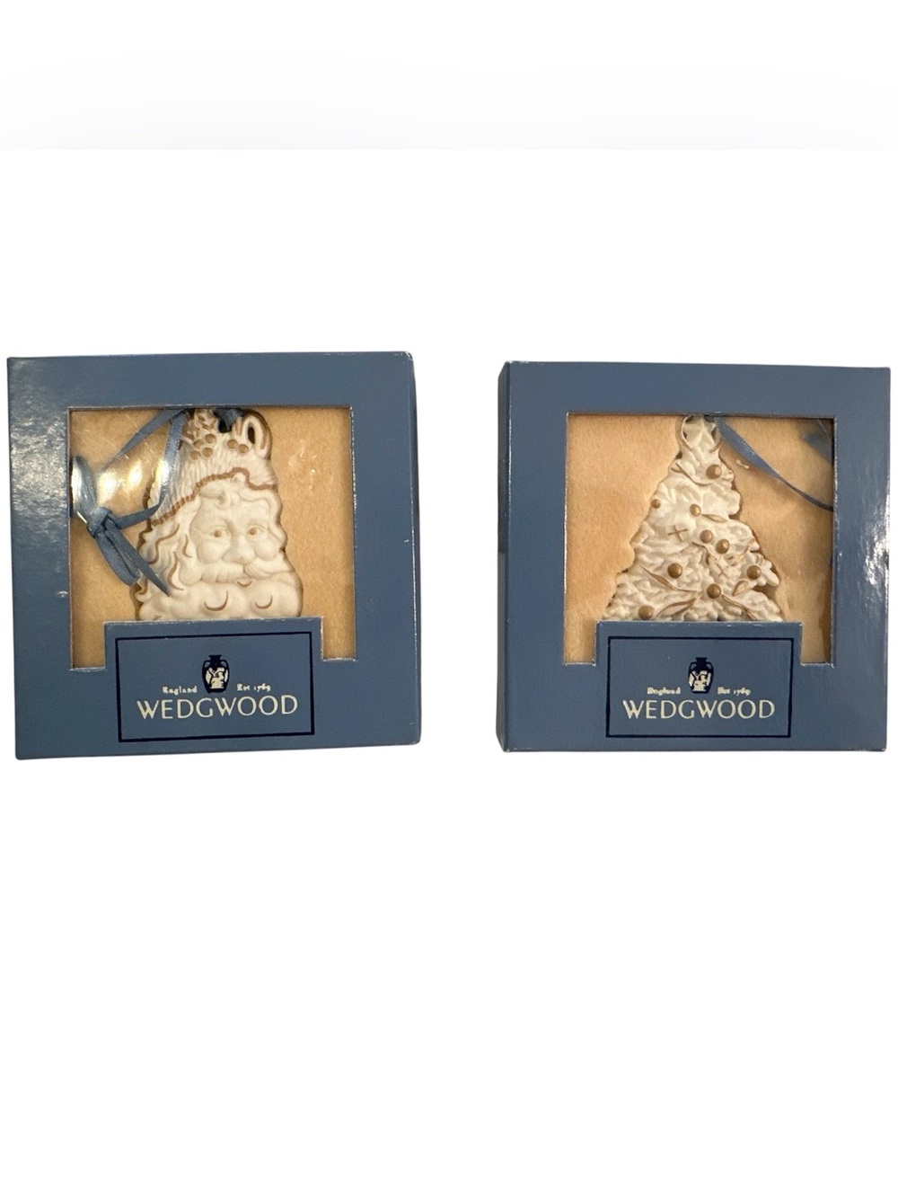 Vtg 1990's Set 2 Wedgwood White Gold JASPER Christmas Ornaments Tree and Santa